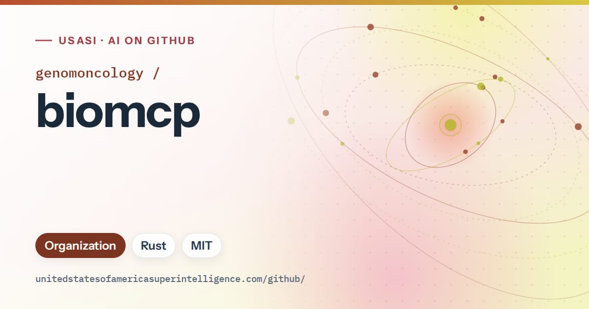 Generated red orbit artwork for genomoncology/biomcp, labeled USASI · AI on GitHub, with Organization · Rust · MIT.