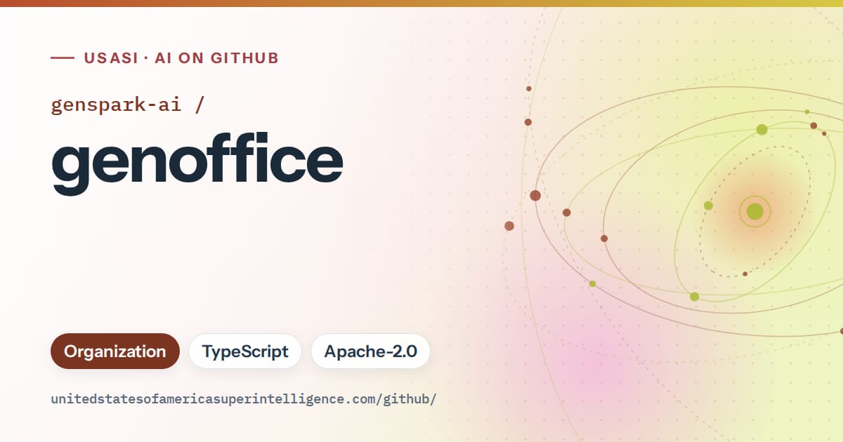 Generated red orbit artwork for genspark-ai/genoffice, labeled USASI · AI on GitHub, with Organization · TypeScript · Apache-2.0.