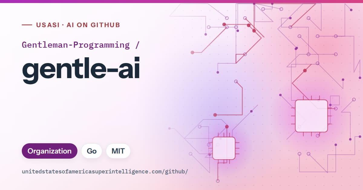 Generated purple circuit-trace artwork for Gentleman-Programming/gentle-ai, labeled USASI · AI on GitHub, with Organization · Go · MIT.