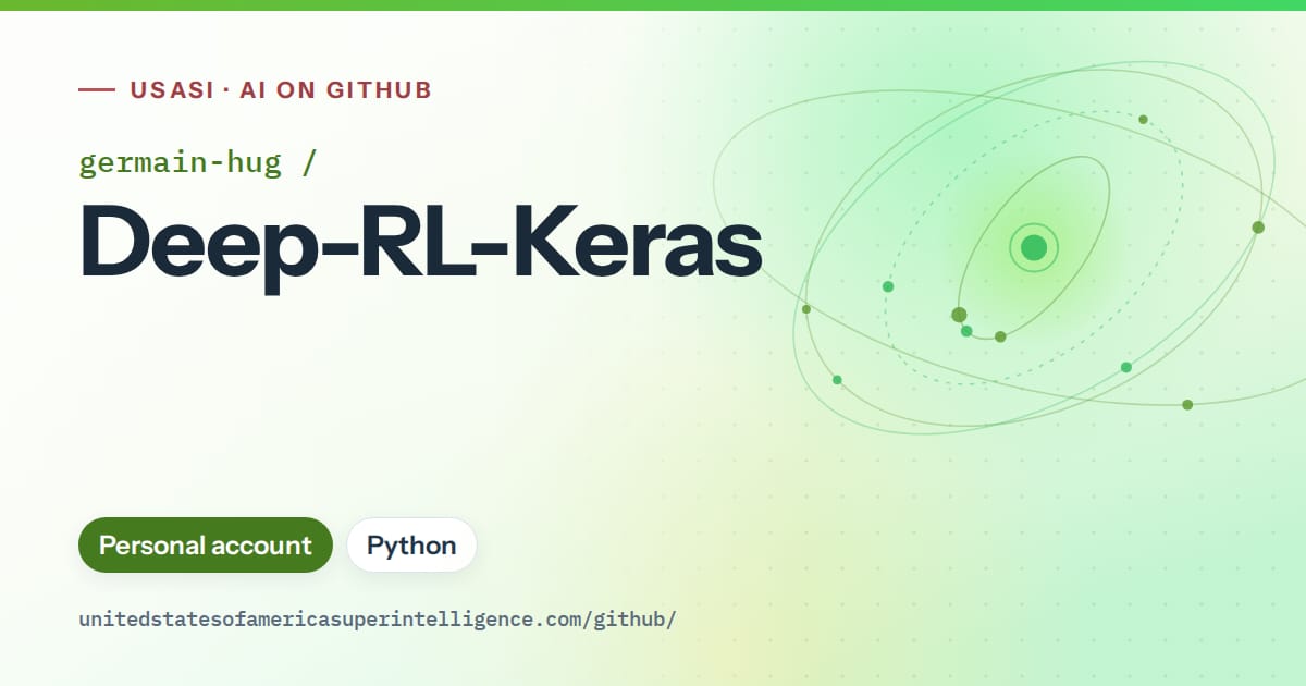 Generated green orbit artwork for germain-hug/Deep-RL-Keras, labeled USASI · AI on GitHub, with Personal account · Python.