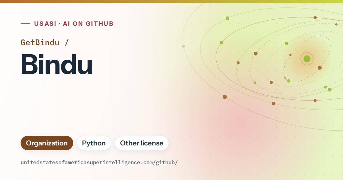 Generated orange orbit artwork for GetBindu/Bindu, labeled USASI · AI on GitHub, with Organization · Python · Other license.