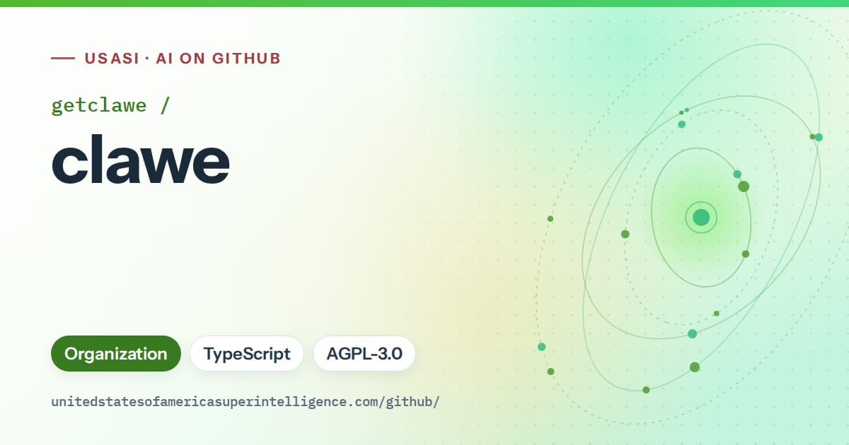 Generated green orbit artwork for getclawe/clawe, labeled USASI · AI on GitHub, with Organization · TypeScript · AGPL-3.0.