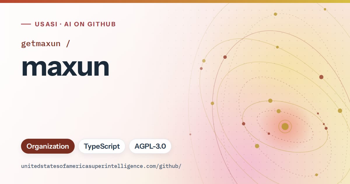 Generated red orbit artwork for getmaxun/maxun, labeled USASI · AI on GitHub, with Organization · TypeScript · AGPL-3.0.