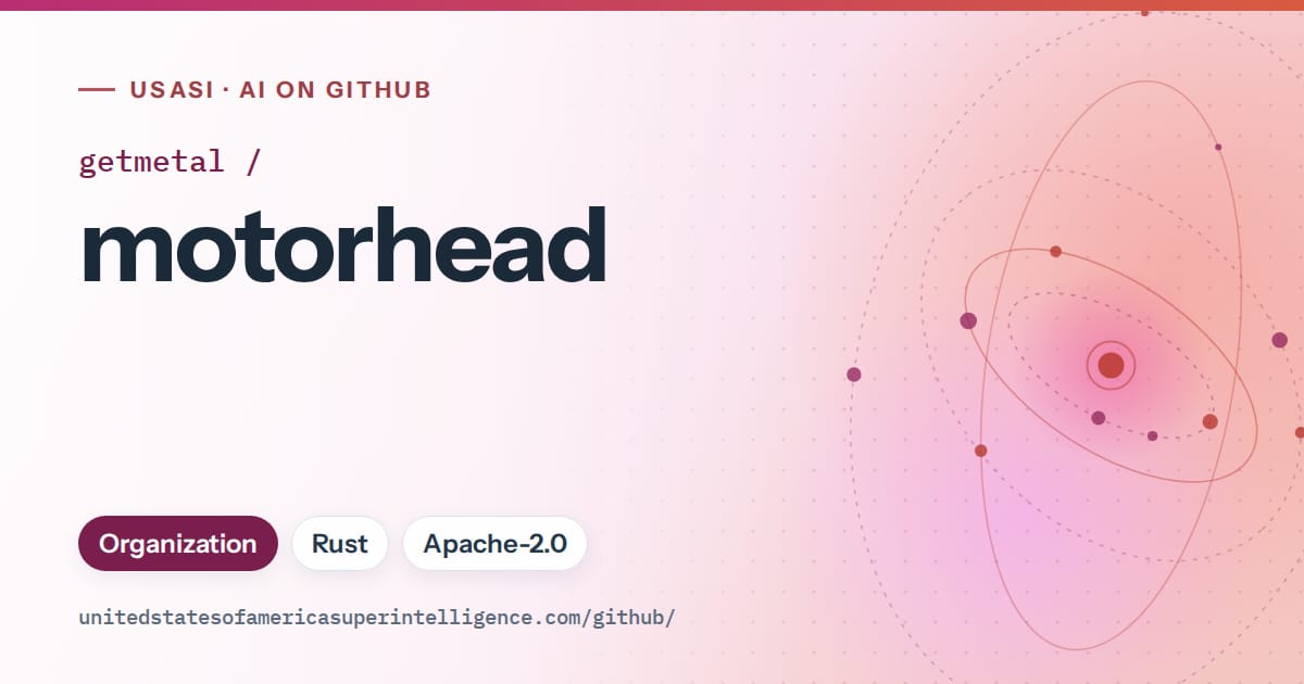 Generated pink orbit artwork for getmetal/motorhead, labeled USASI · AI on GitHub, with Organization · Rust · Apache-2.0.