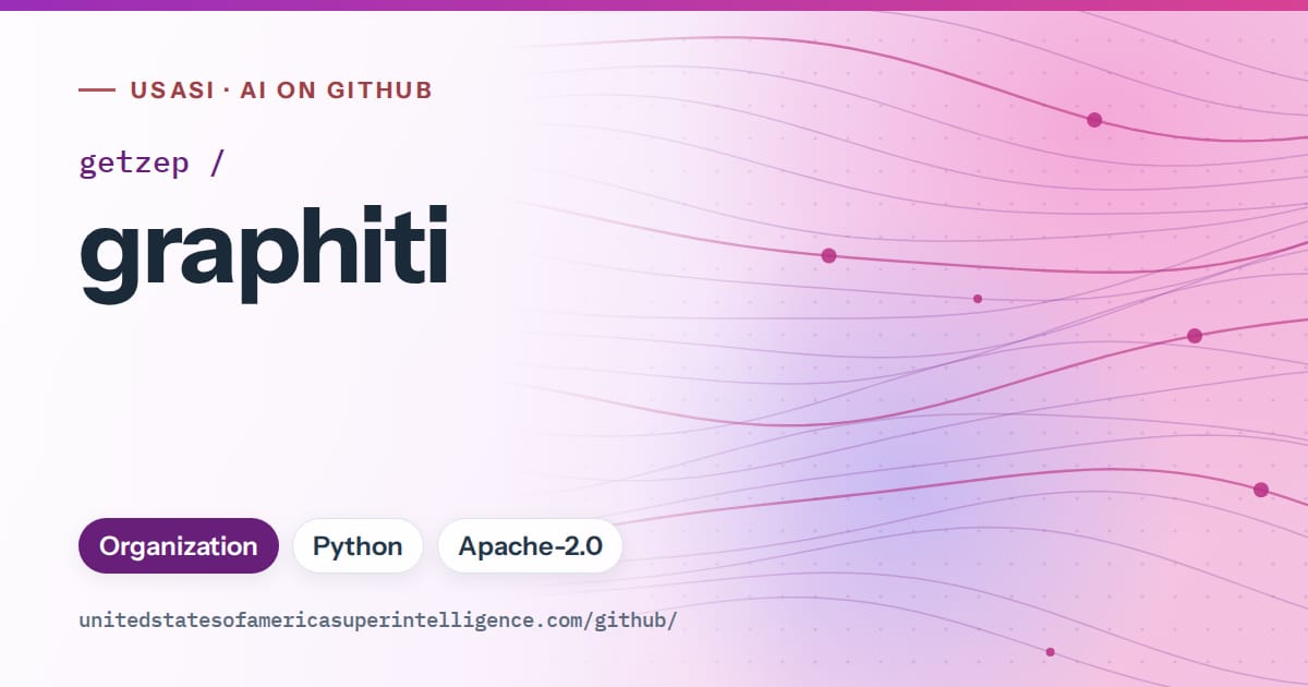 Generated purple flowing-wave artwork for getzep/graphiti, labeled USASI · AI on GitHub, with Organization · Python · Apache-2.0.