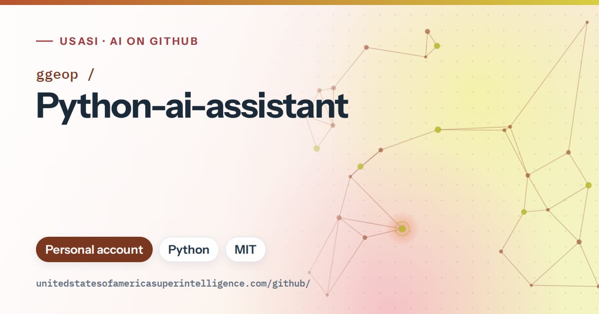 Generated orange constellation network artwork for ggeop/Python-ai-assistant, labeled USASI · AI on GitHub, with Personal account · Python · MIT.