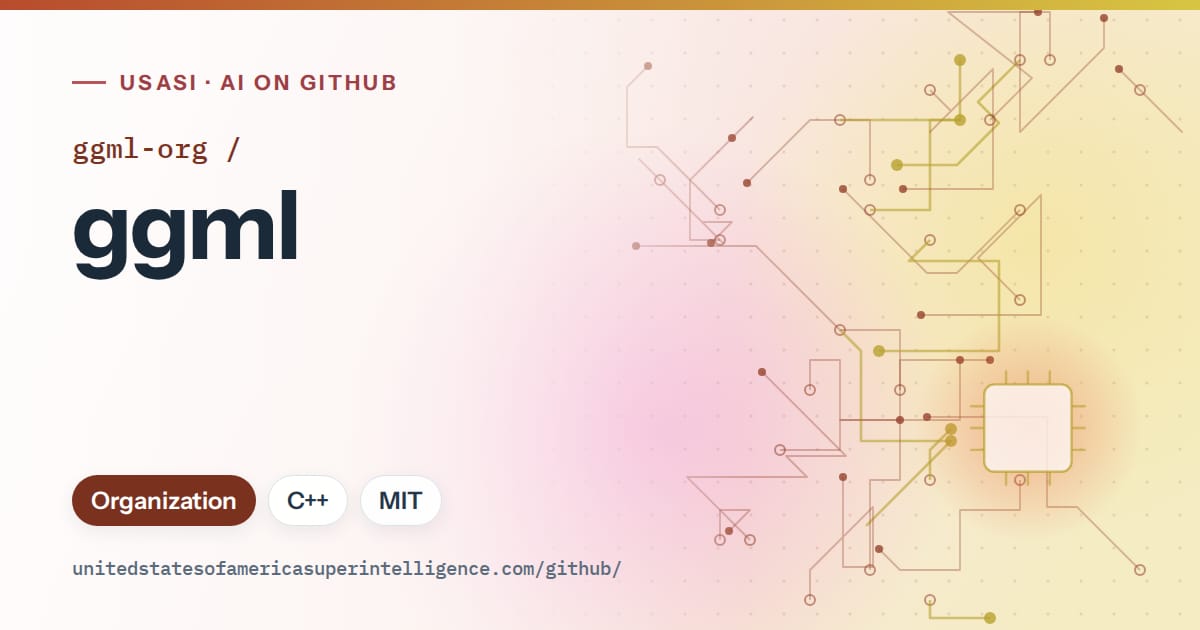 Generated red circuit-trace artwork for ggml-org/ggml, labeled USASI · AI on GitHub, with Organization · C++ · MIT.