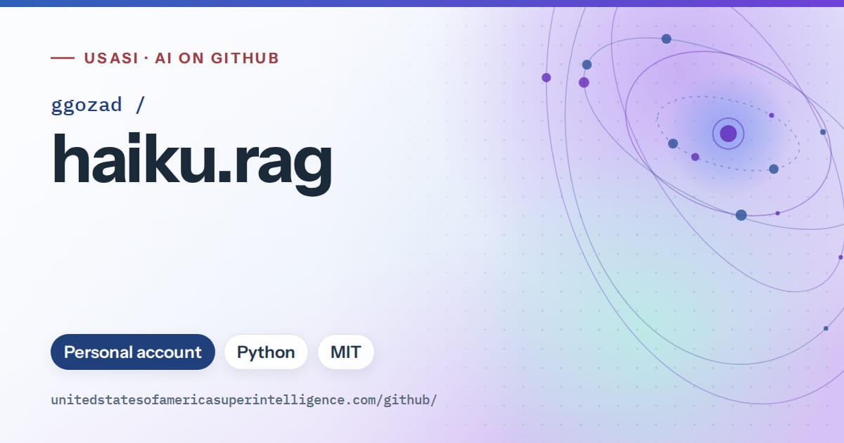 Generated blue orbit artwork for ggozad/haiku.rag, labeled USASI · AI on GitHub, with Personal account · Python · MIT.
