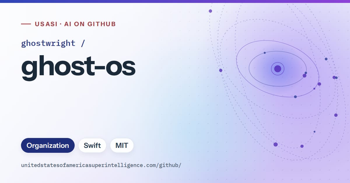 Generated blue orbit artwork for ghostwright/ghost-os, labeled USASI · AI on GitHub, with Organization · Swift · MIT.