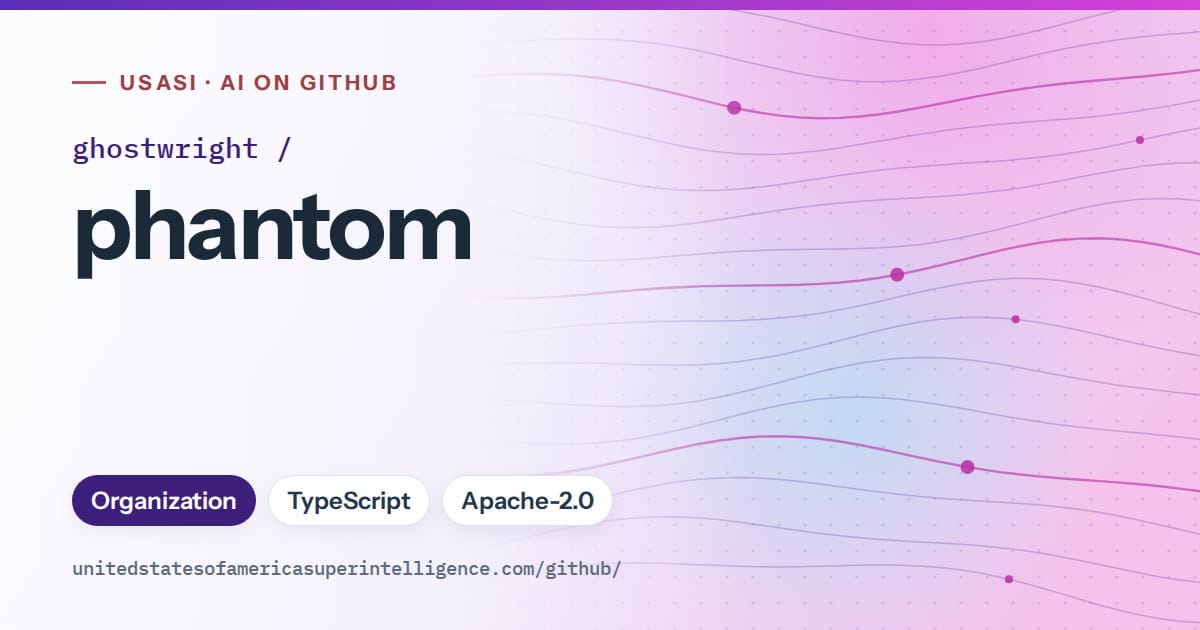 Generated violet flowing-wave artwork for ghostwright/phantom, labeled USASI · AI on GitHub, with Organization · TypeScript · Apache-2.0.