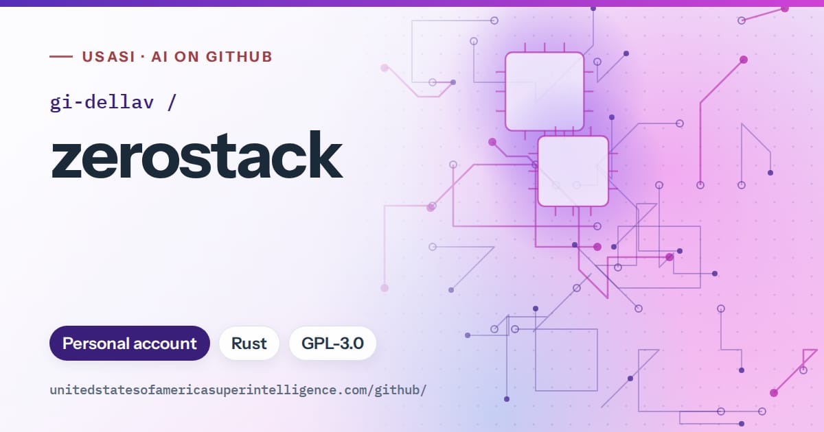 Generated violet circuit-trace artwork for gi-dellav/zerostack, labeled USASI · AI on GitHub, with Personal account · Rust · GPL-3.0.