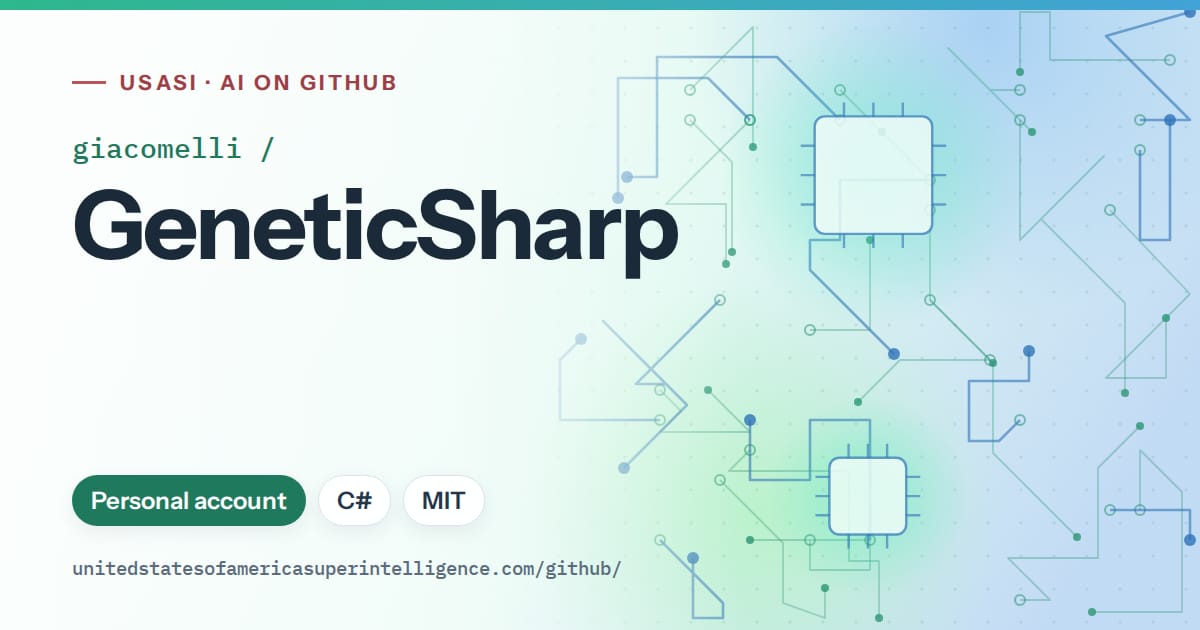Generated teal circuit-trace artwork for giacomelli/GeneticSharp, labeled USASI · AI on GitHub, with Personal account · C# · MIT.