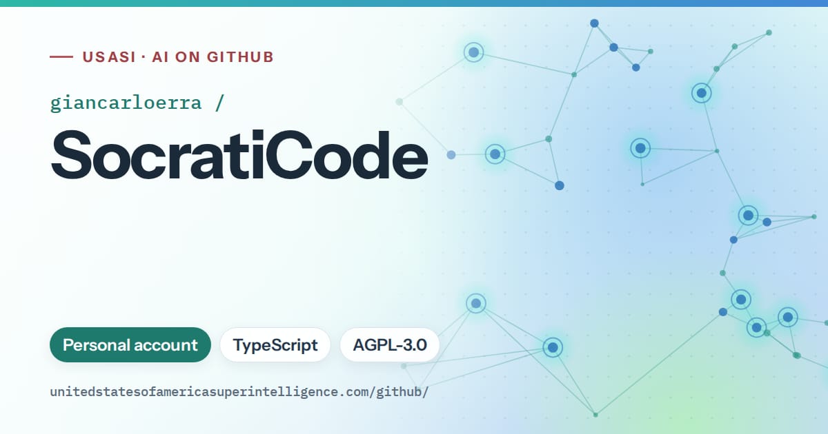 Generated teal constellation network artwork for giancarloerra/SocratiCode, labeled USASI · AI on GitHub, with Personal account · TypeScript · AGPL-3.0.