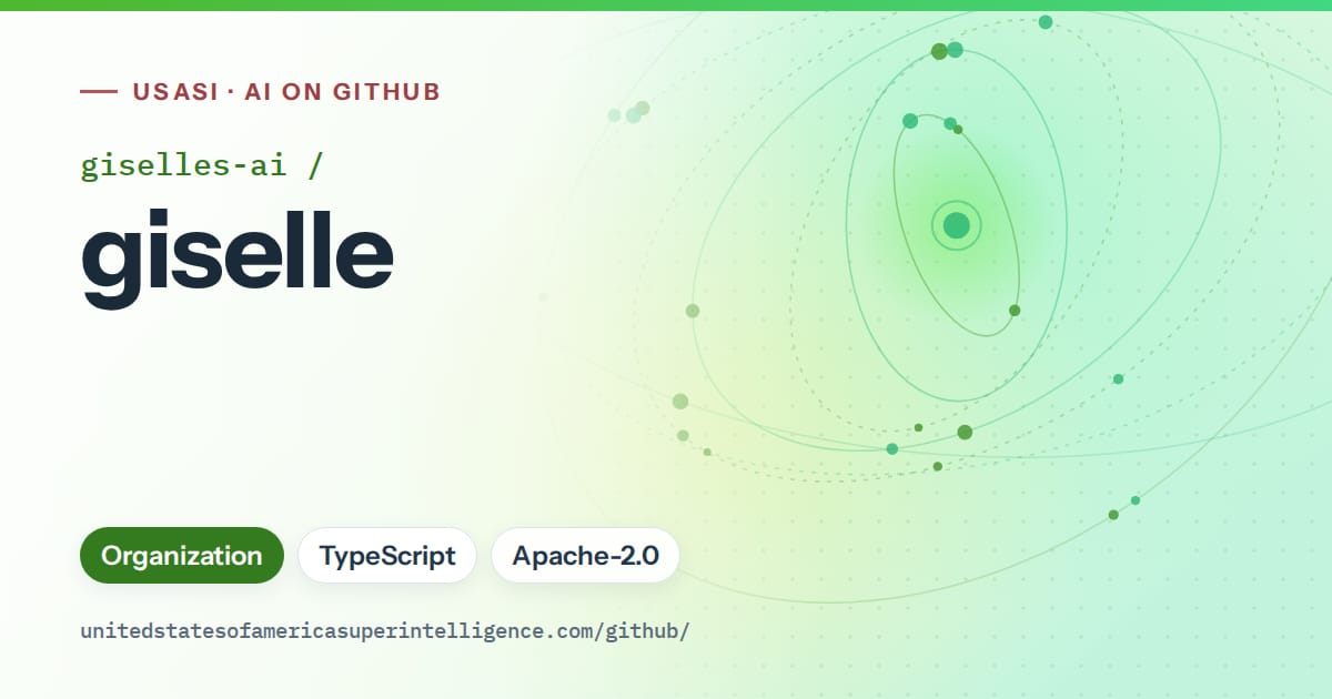 Generated green orbit artwork for giselles-ai/giselle, labeled USASI · AI on GitHub, with Organization · TypeScript · Apache-2.0.
