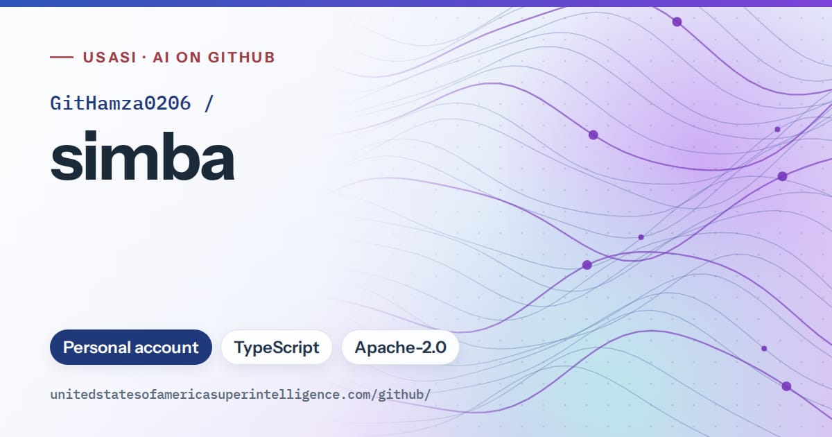 Generated blue flowing-wave artwork for GitHamza0206/simba, labeled USASI · AI on GitHub, with Personal account · TypeScript · Apache-2.0.