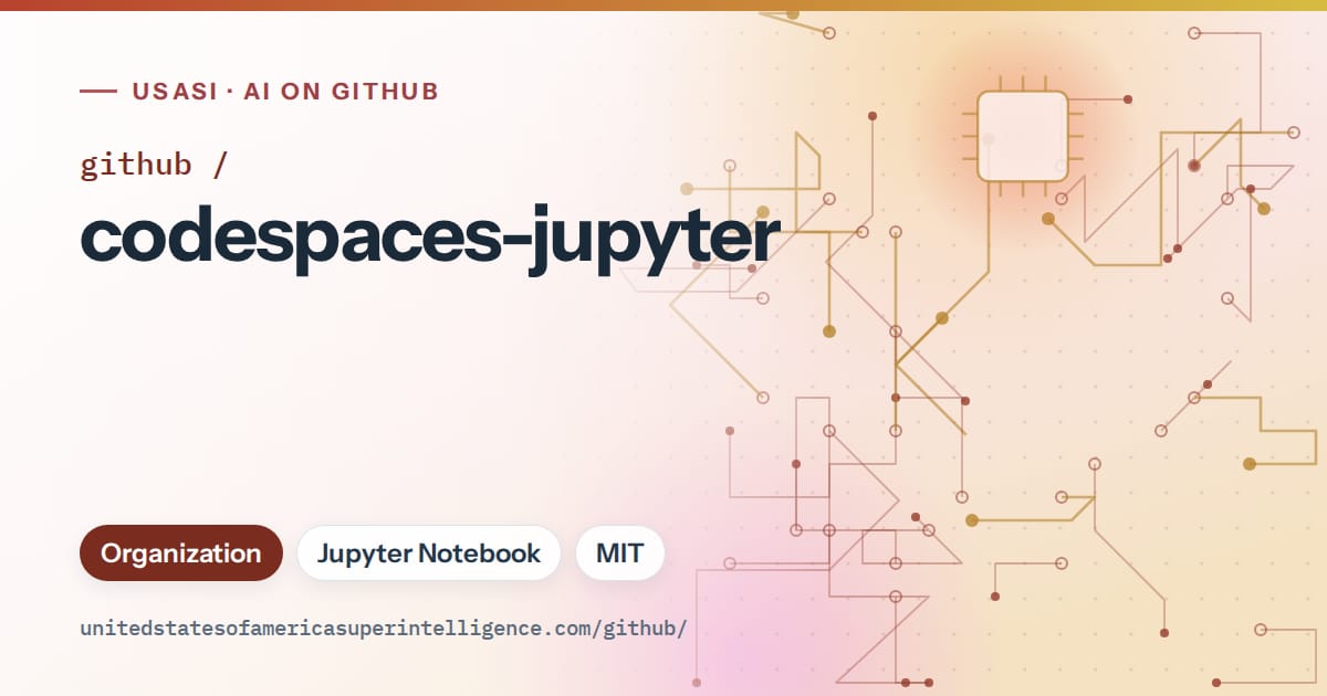 Generated red circuit-trace artwork for github/codespaces-jupyter, labeled USASI · AI on GitHub, with Organization · Jupyter Notebook · MIT.