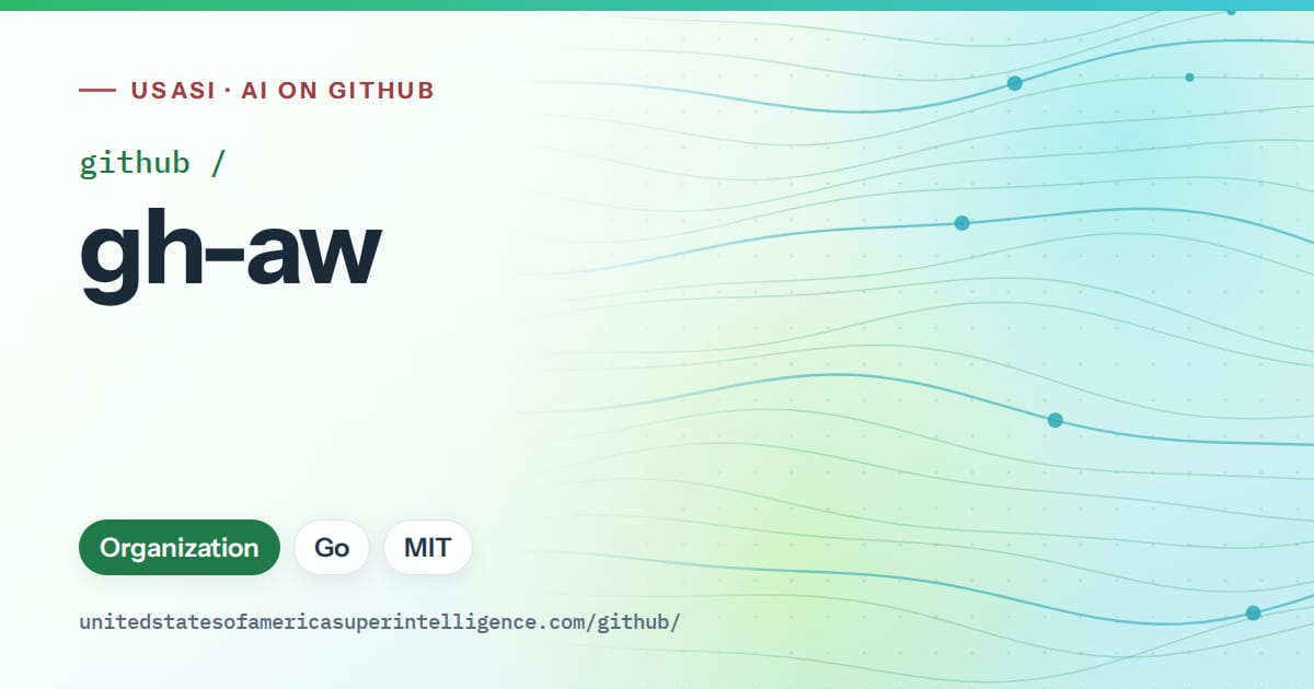 Generated green flowing-wave artwork for github/gh-aw, labeled USASI · AI on GitHub, with Organization · Go · MIT.