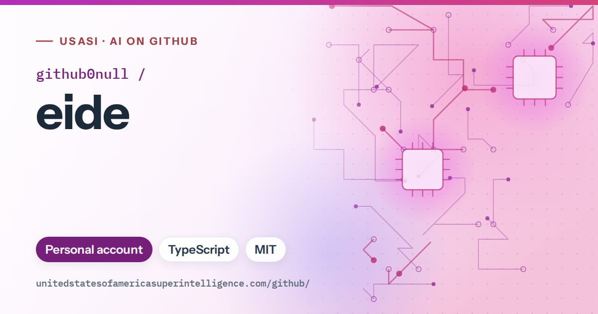 Generated purple circuit-trace artwork for github0null/eide, labeled USASI · AI on GitHub, with Personal account · TypeScript · MIT.