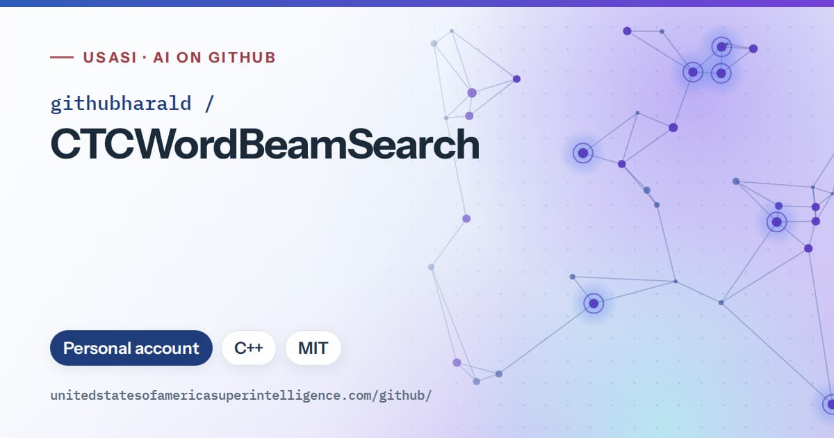 Generated blue constellation network artwork for githubharald/CTCWordBeamSearch, labeled USASI · AI on GitHub, with Personal account · C++ · MIT.