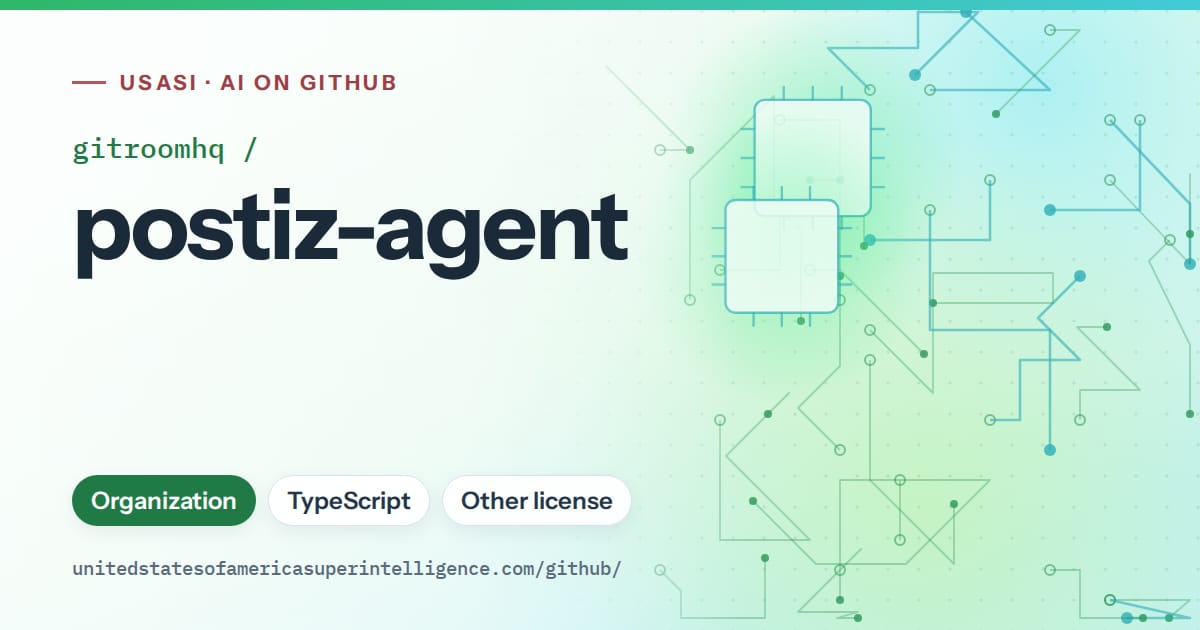 Generated green circuit-trace artwork for gitroomhq/postiz-agent, labeled USASI · AI on GitHub, with Organization · TypeScript · Other license.
