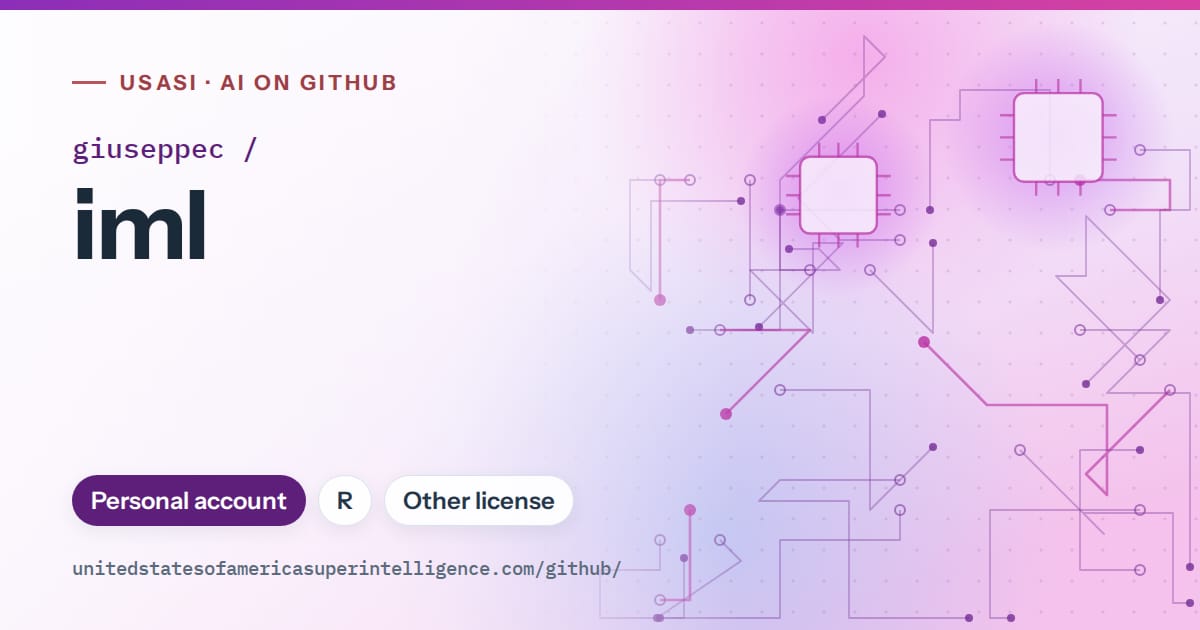 Generated violet circuit-trace artwork for giuseppec/iml, labeled USASI · AI on GitHub, with Personal account · R · Other license.