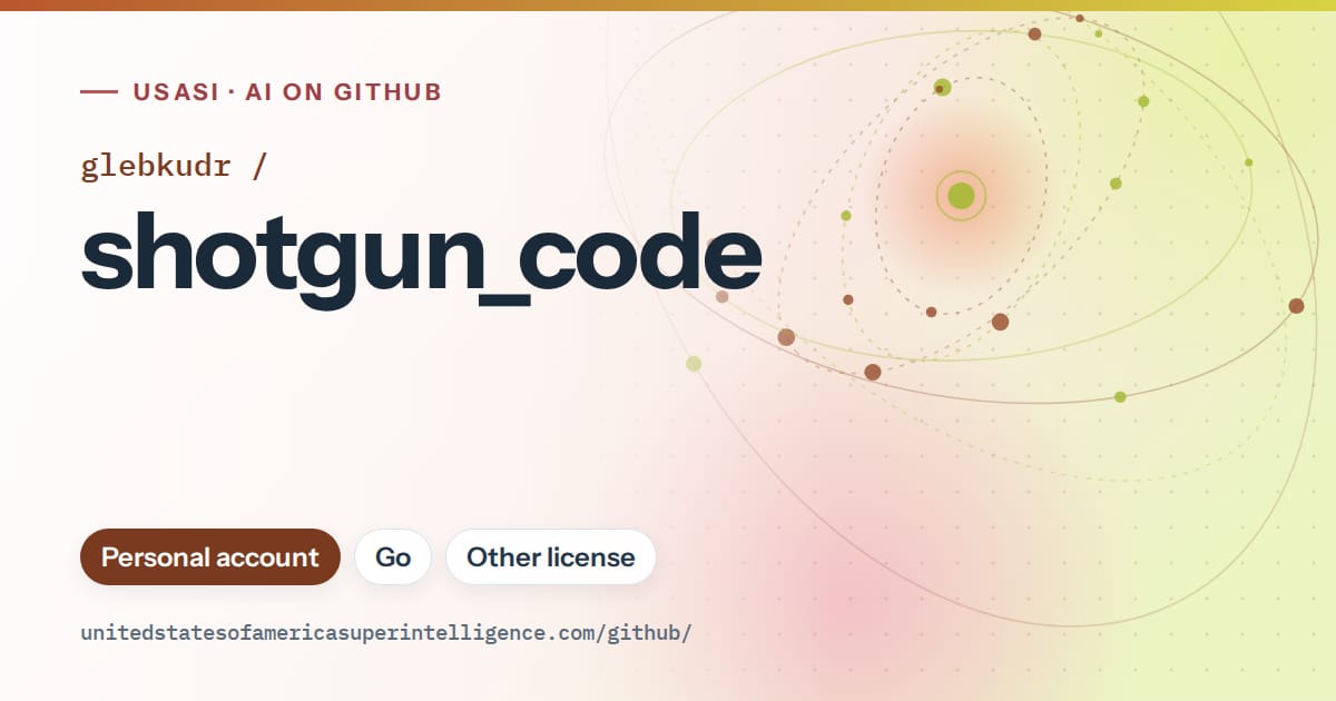 Generated orange orbit artwork for glebkudr/shotgun_code, labeled USASI · AI on GitHub, with Personal account · Go · Other license.