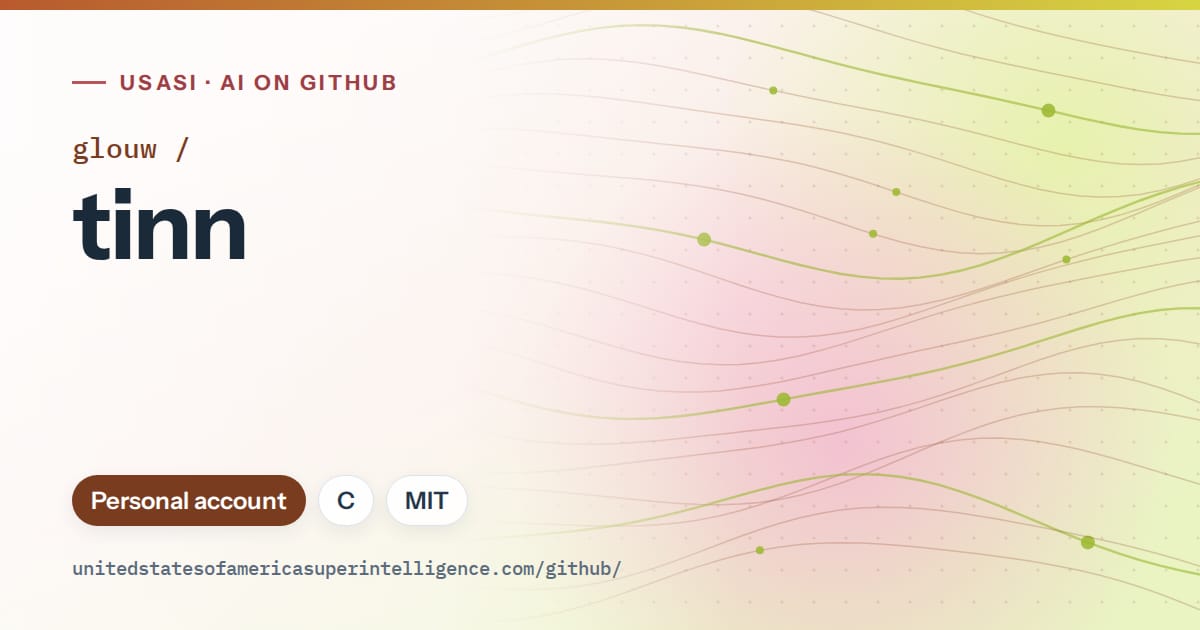 Generated orange flowing-wave artwork for glouw/tinn, labeled USASI · AI on GitHub, with Personal account · C · MIT.