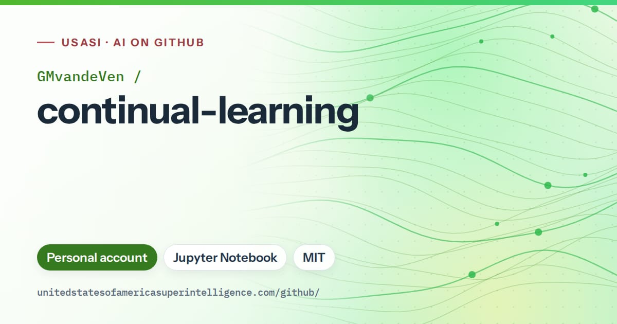 Generated green flowing-wave artwork for GMvandeVen/continual-learning, labeled USASI · AI on GitHub, with Personal account · Jupyter Notebook · MIT.