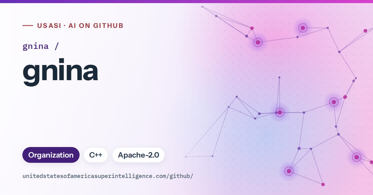 Generated violet constellation network artwork for gnina/gnina, labeled USASI · AI on GitHub, with Organization · C++ · Apache-2.0.