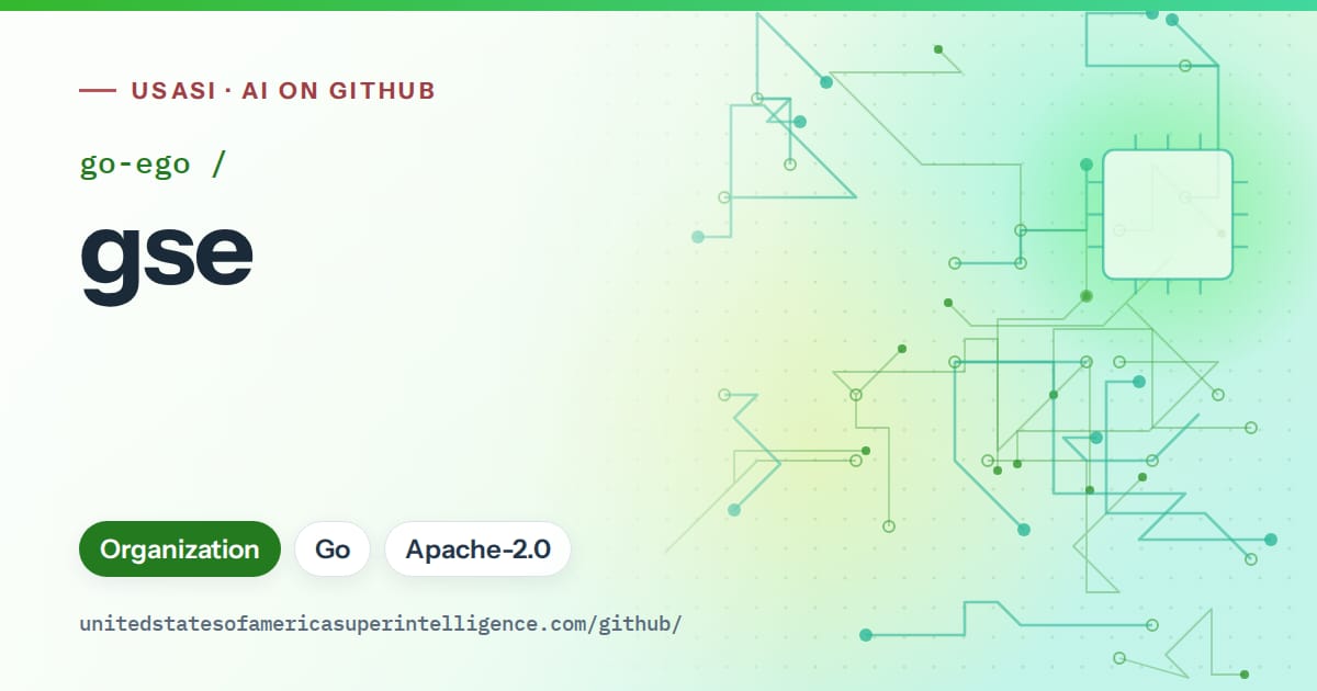 Generated green circuit-trace artwork for go-ego/gse, labeled USASI · AI on GitHub, with Organization · Go · Apache-2.0.