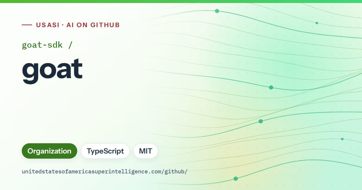 Generated green flowing-wave artwork for goat-sdk/goat, labeled USASI · AI on GitHub, with Organization · TypeScript · MIT.