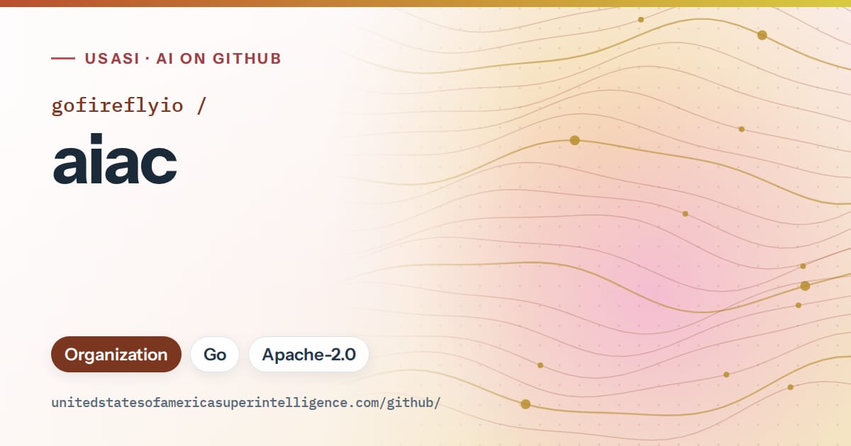 Generated orange flowing-wave artwork for gofireflyio/aiac, labeled USASI · AI on GitHub, with Organization · Go · Apache-2.0.