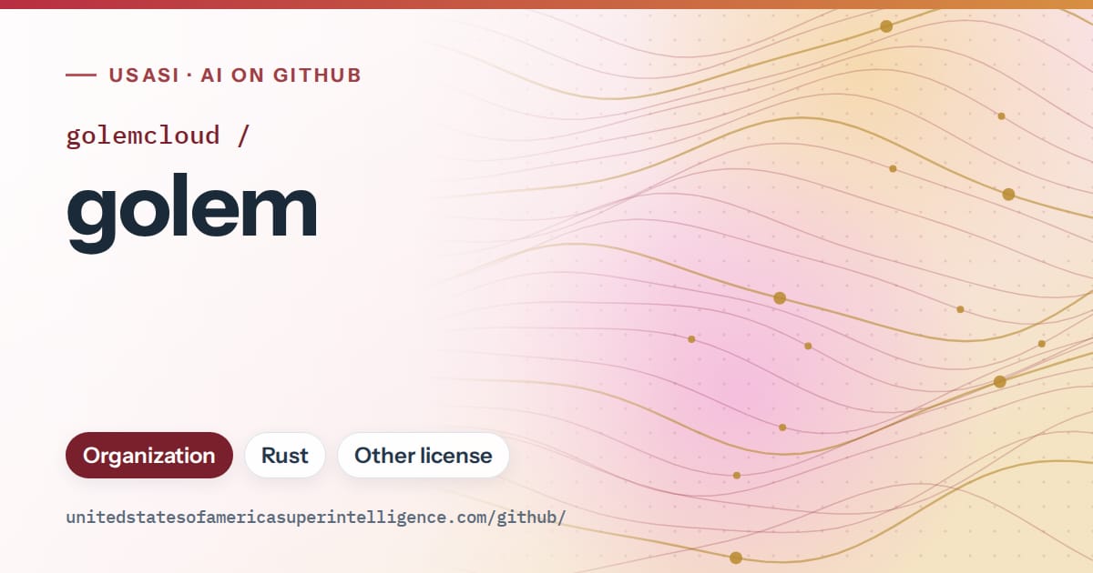 Generated red flowing-wave artwork for golemcloud/golem, labeled USASI · AI on GitHub, with Organization · Rust · Other license.