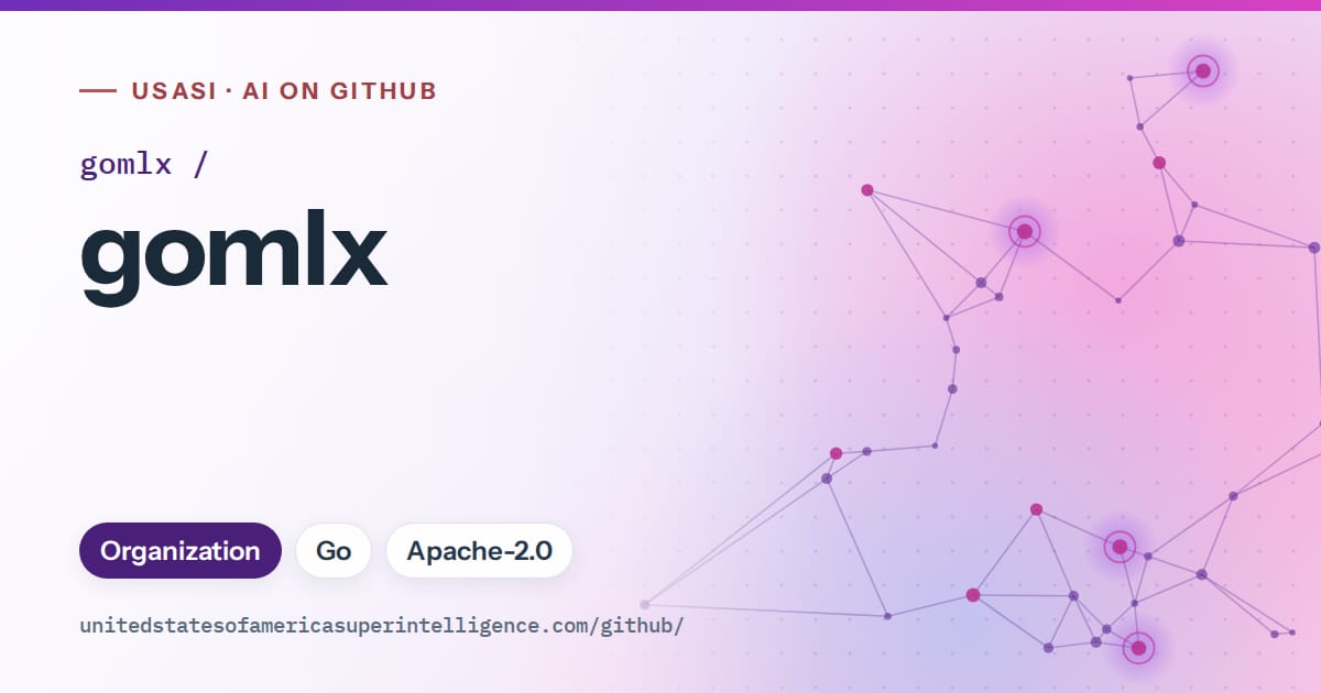 Generated violet constellation network artwork for gomlx/gomlx, labeled USASI · AI on GitHub, with Organization · Go · Apache-2.0.