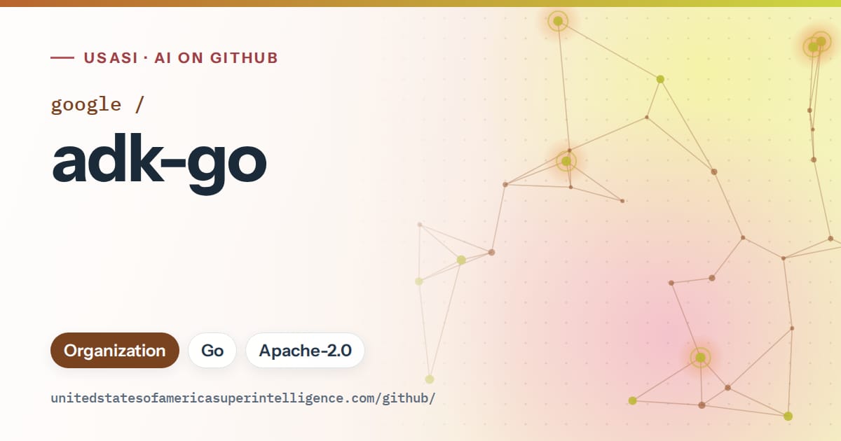 Generated orange constellation network artwork for google/adk-go, labeled USASI · AI on GitHub, with Organization · Go · Apache-2.0.