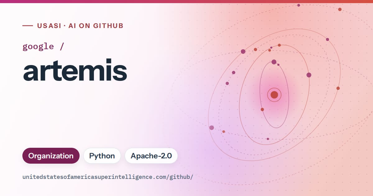 Generated pink orbit artwork for google/artemis, labeled USASI · AI on GitHub, with Organization · Python · Apache-2.0.