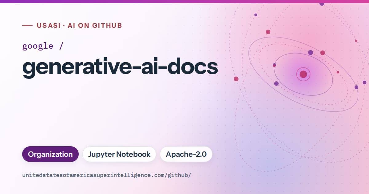 Generated violet orbit artwork for google/generative-ai-docs, labeled USASI · AI on GitHub, with Organization · Jupyter Notebook · Apache-2.0.