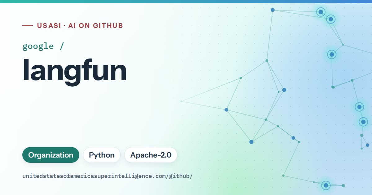 Generated teal constellation network artwork for google/langfun, labeled USASI · AI on GitHub, with Organization · Python · Apache-2.0.