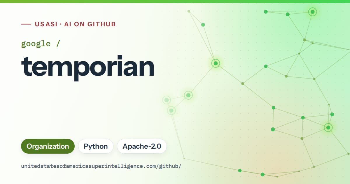 Generated green constellation network artwork for google/temporian, labeled USASI · AI on GitHub, with Organization · Python · Apache-2.0.