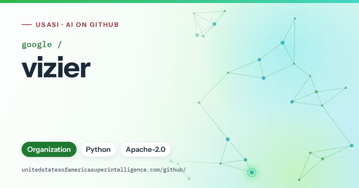 Generated green constellation network artwork for google/vizier, labeled USASI · AI on GitHub, with Organization · Python · Apache-2.0.