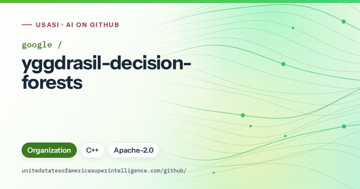 Generated green flowing-wave artwork for google/yggdrasil-decision-forests, labeled USASI · AI on GitHub, with Organization · C++ · Apache-2.0.