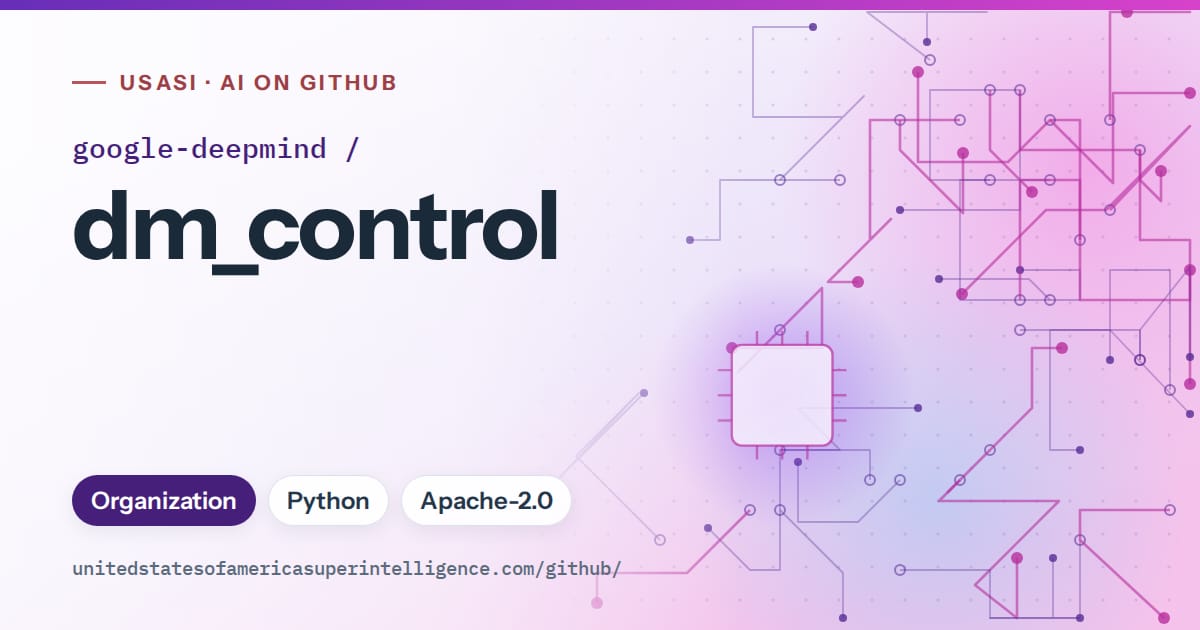 Generated violet circuit-trace artwork for google-deepmind/dm_control, labeled USASI · AI on GitHub, with Organization · Python · Apache-2.0.