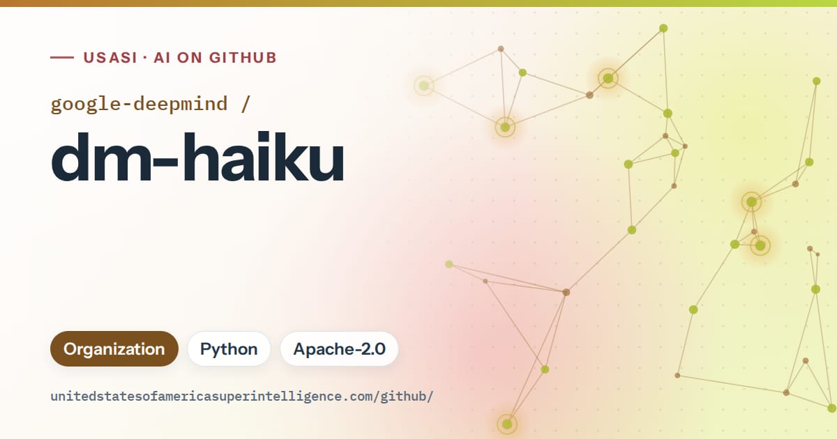 Generated orange constellation network artwork for google-deepmind/dm-haiku, labeled USASI · AI on GitHub, with Organization · Python · Apache-2.0.