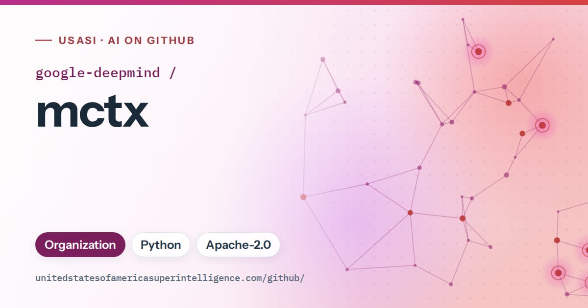 Generated pink constellation network artwork for google-deepmind/mctx, labeled USASI · AI on GitHub, with Organization · Python · Apache-2.0.
