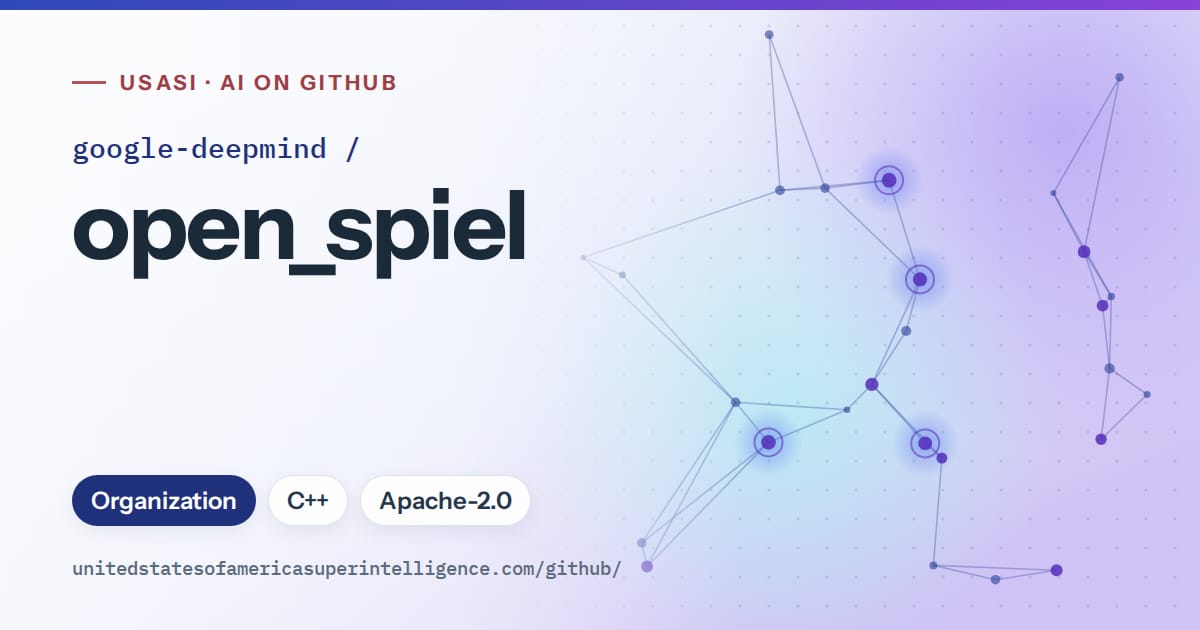 Generated blue constellation network artwork for google-deepmind/open_spiel, labeled USASI · AI on GitHub, with Organization · C++ · Apache-2.0.