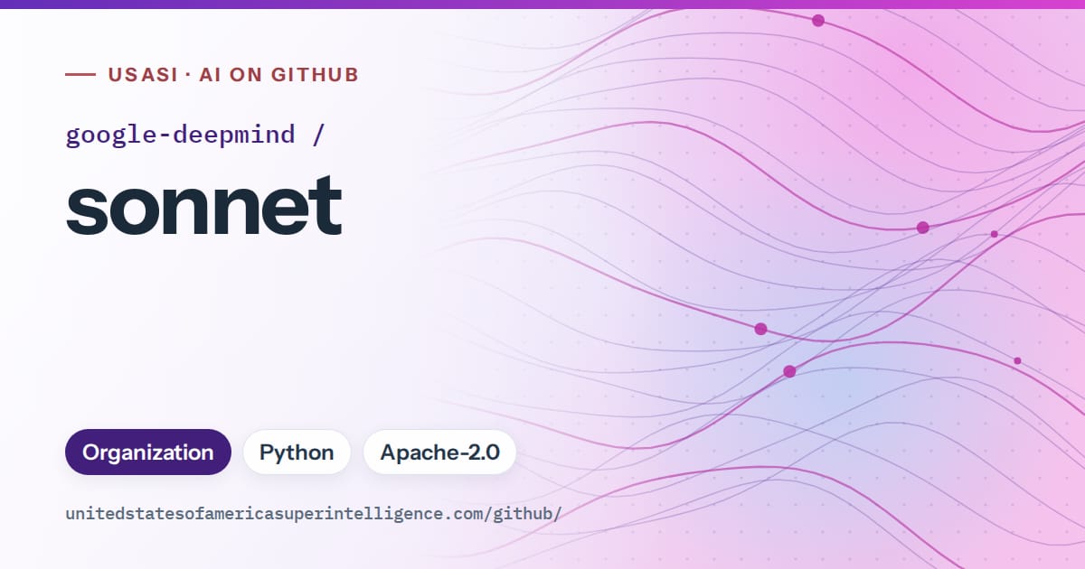 Generated violet flowing-wave artwork for google-deepmind/sonnet, labeled USASI · AI on GitHub, with Organization · Python · Apache-2.0.
