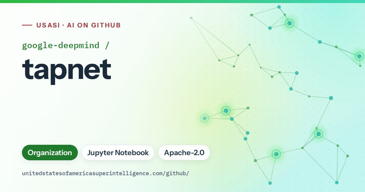 Generated green constellation network artwork for google-deepmind/tapnet, labeled USASI · AI on GitHub, with Organization · Jupyter Notebook · Apache-2.0.