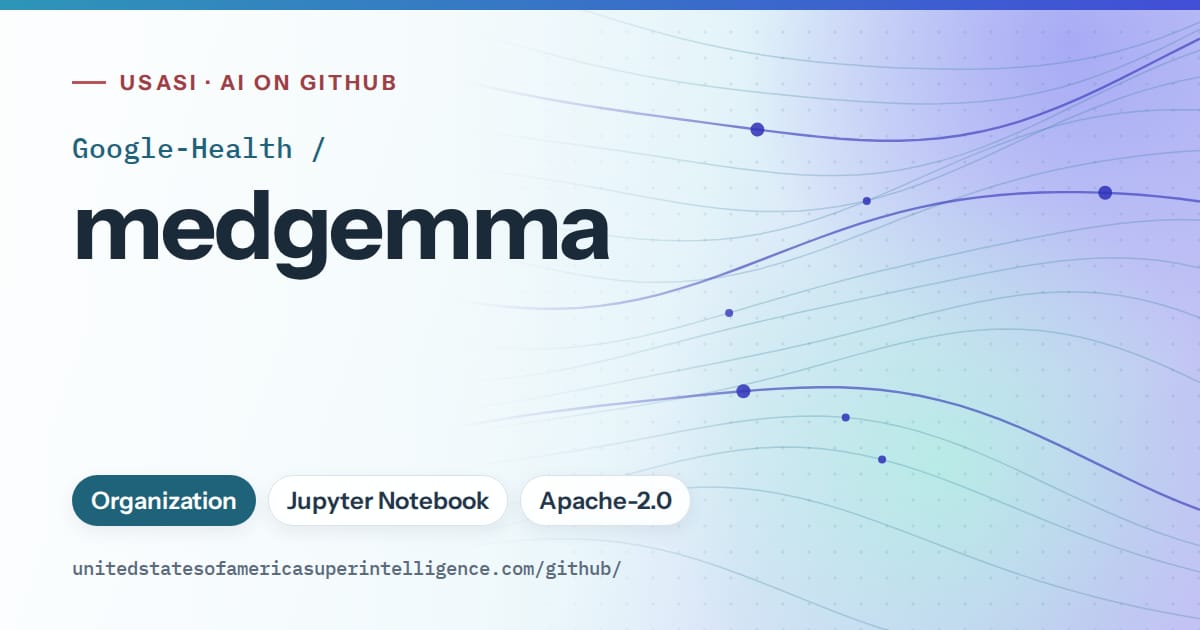 Generated sky blue flowing-wave artwork for Google-Health/medgemma, labeled USASI · AI on GitHub, with Organization · Jupyter Notebook · Apache-2.0.