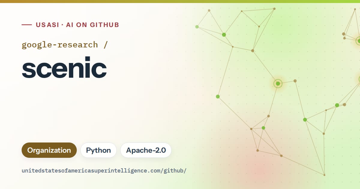 Generated orange constellation network artwork for google-research/scenic, labeled USASI · AI on GitHub, with Organization · Python · Apache-2.0.