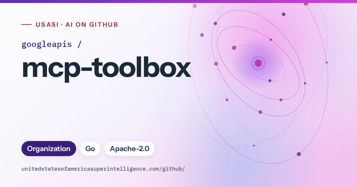 Generated violet orbit artwork for googleapis/mcp-toolbox, labeled USASI · AI on GitHub, with Organization · Go · Apache-2.0.